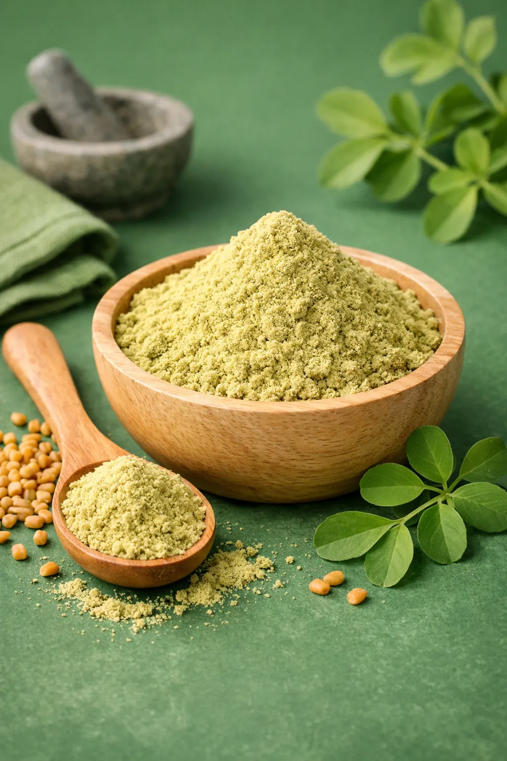 Firefly_gpt-image_create product images for fenugreek powder based on the reference image. Image should 437587 Fenugreek powder (100 gm) - Image 1
